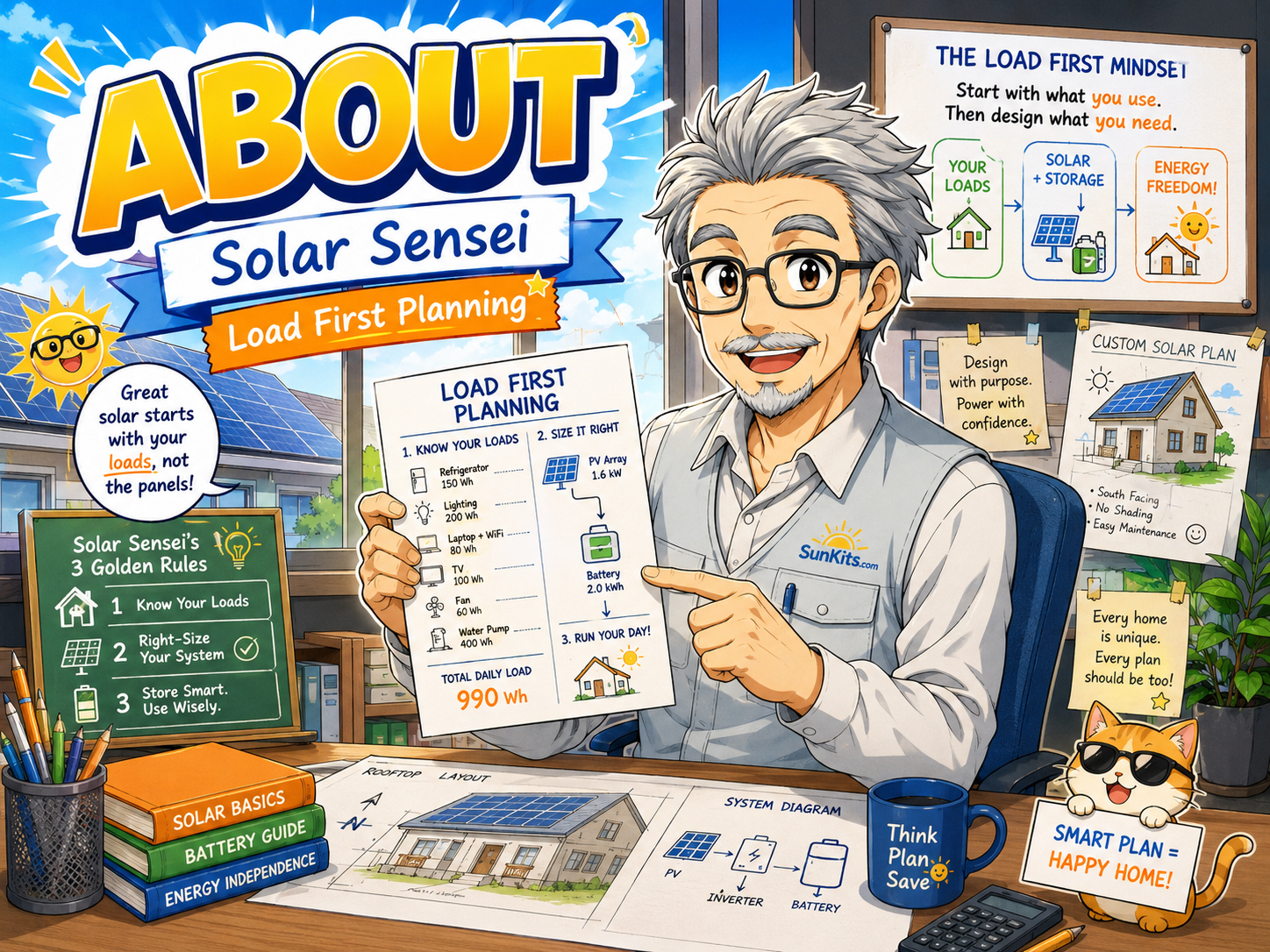 Solar Sensei explaining load-first solar kit planning with panels, batteries, inverter, and permit drawings