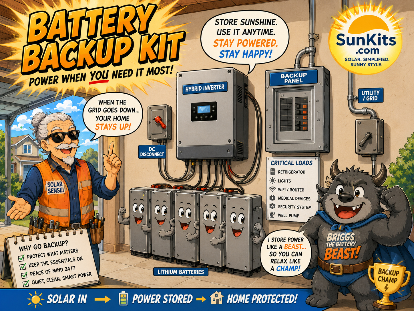Battery backup kit with inverter and wall mounted battery equipment