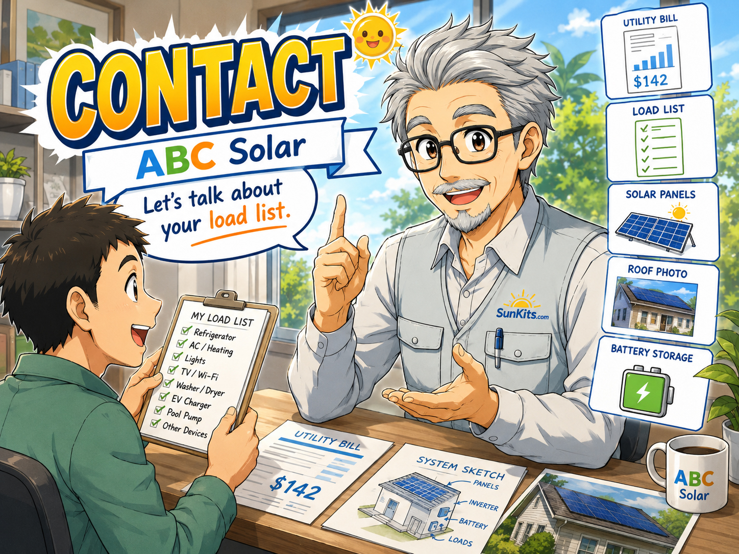 ABC Solar consultation table with solar panels, battery plan, utility bill, load list, and permit notes