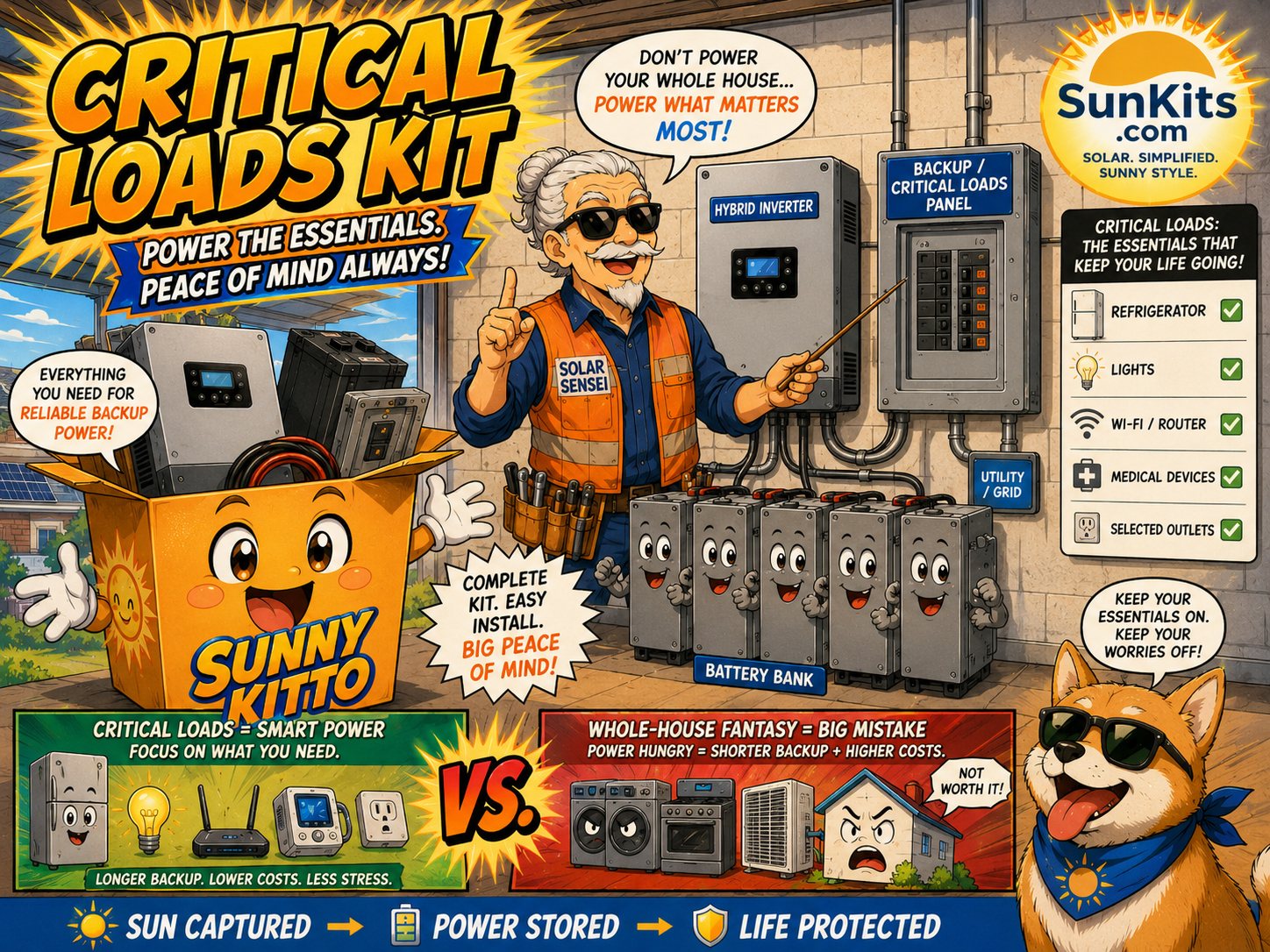 Critical loads kit with backup panel, inverter, battery, refrigerator, lights, and internet equipment