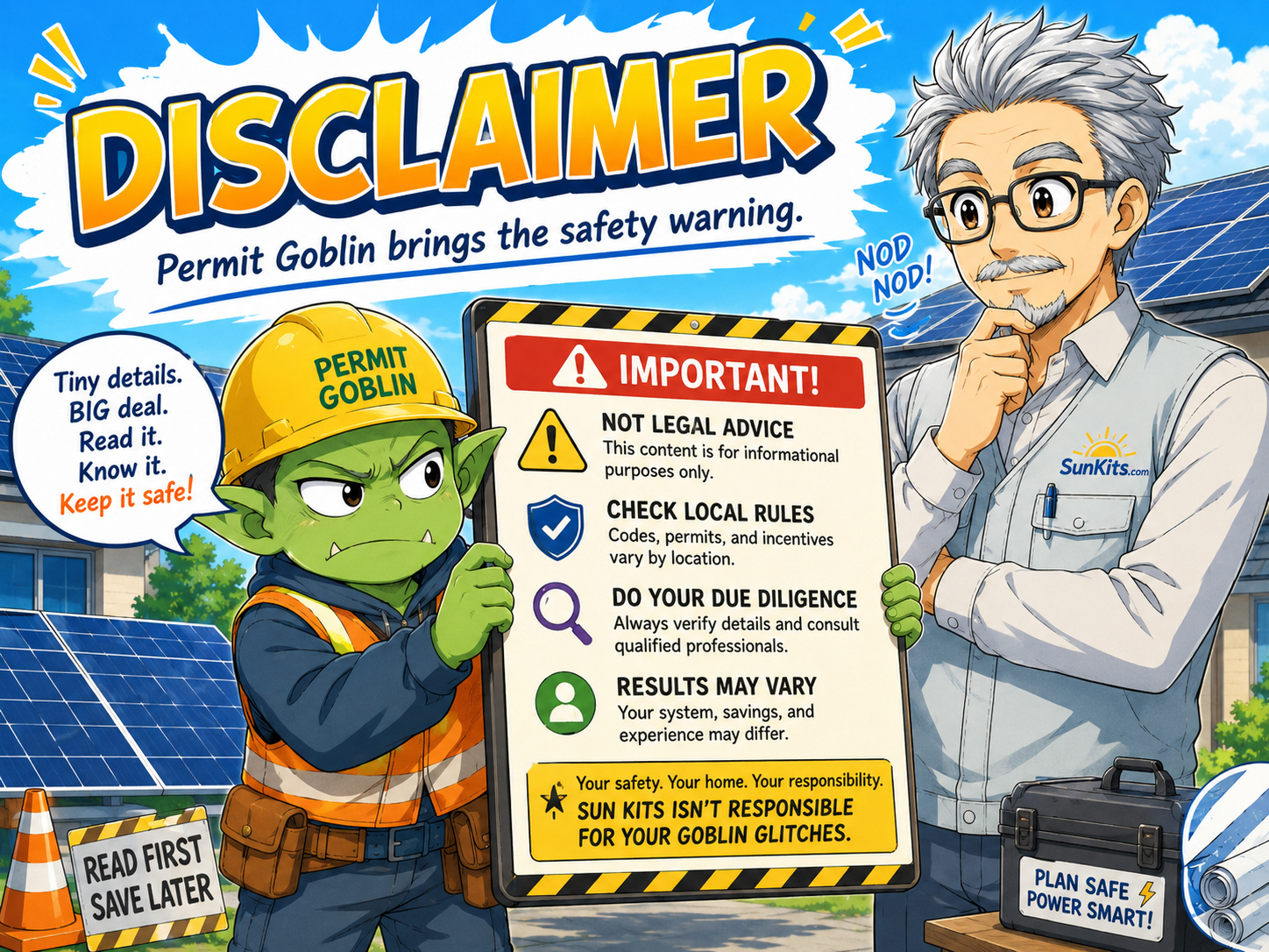 Permit Goblin and Solar Sensei holding a solar kit disclaimer and safety warning beside panels and batteries