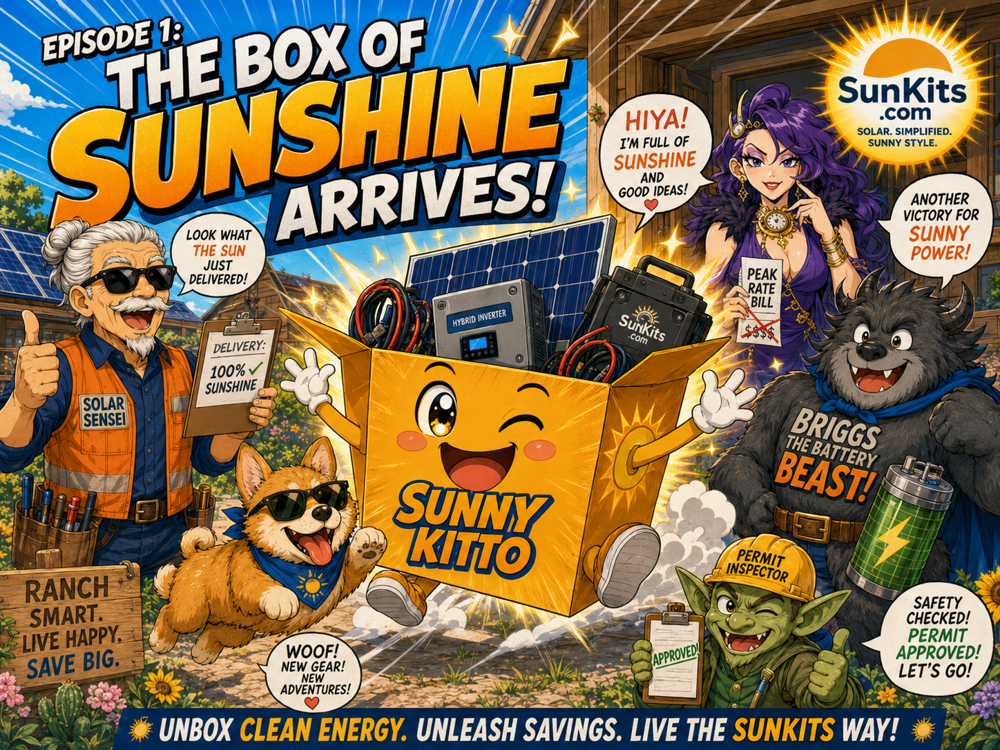 Sunny Kitto jumping out of a glowing box of solar panels while Solar Sensei holds a clipboard