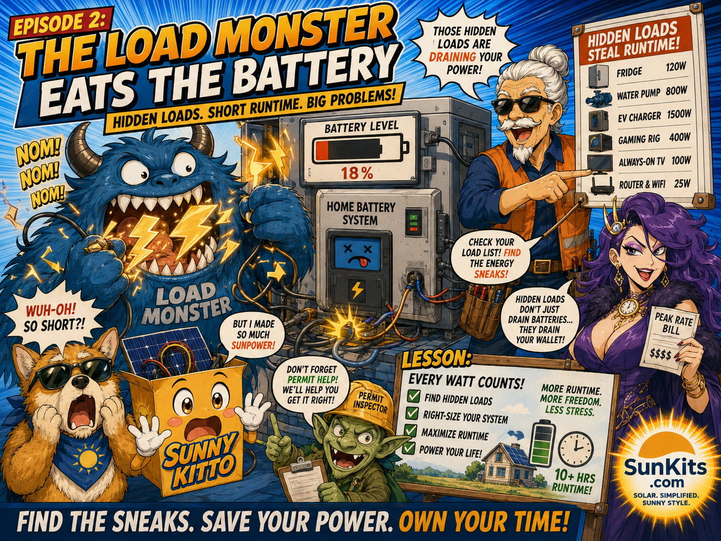 Load Monster eating battery energy while Briggs the Battery Beast guards a backup panel
