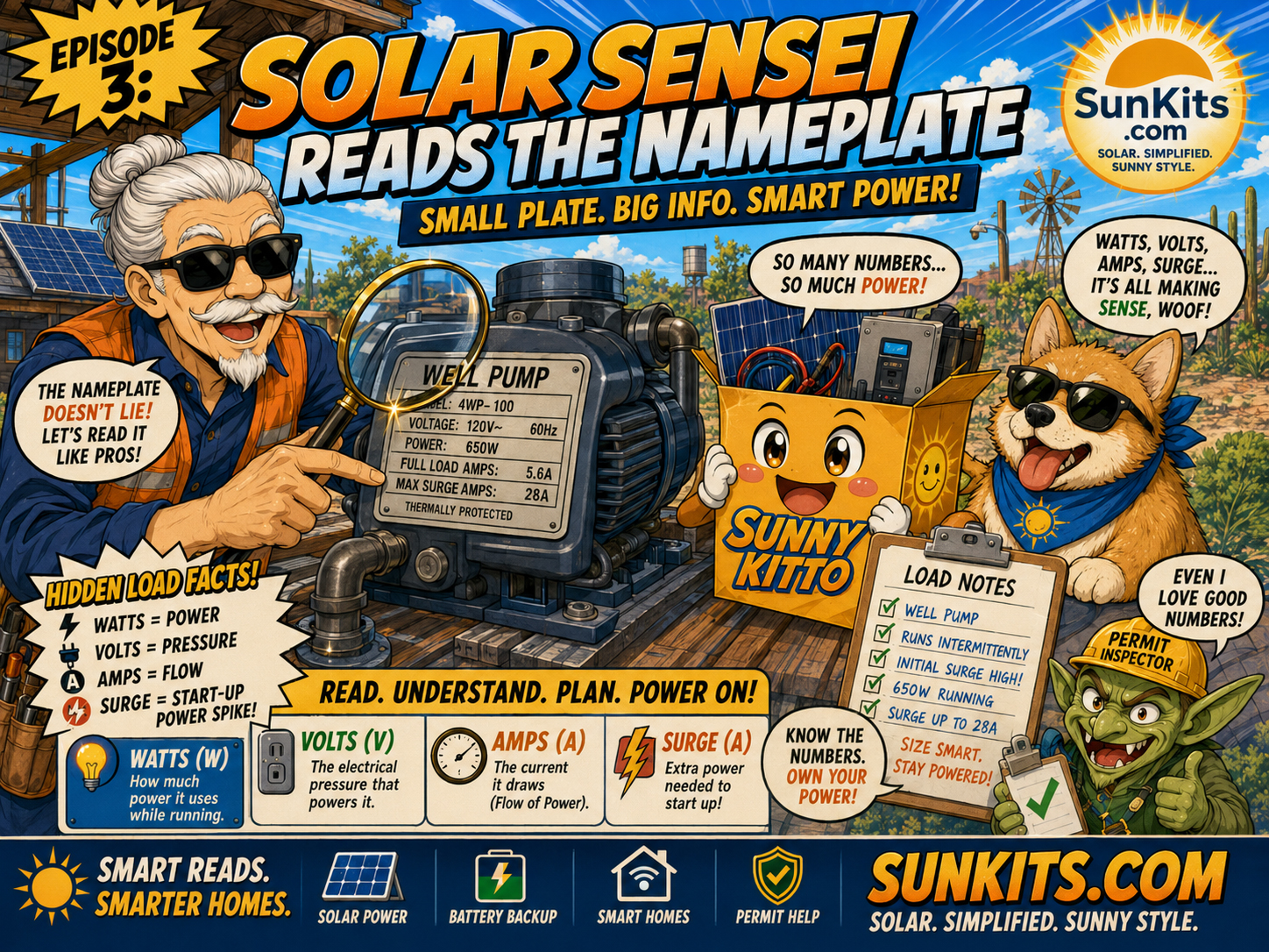 Solar Sensei reading an electrical equipment nameplate while Sunny Kitto and Load Monster watch