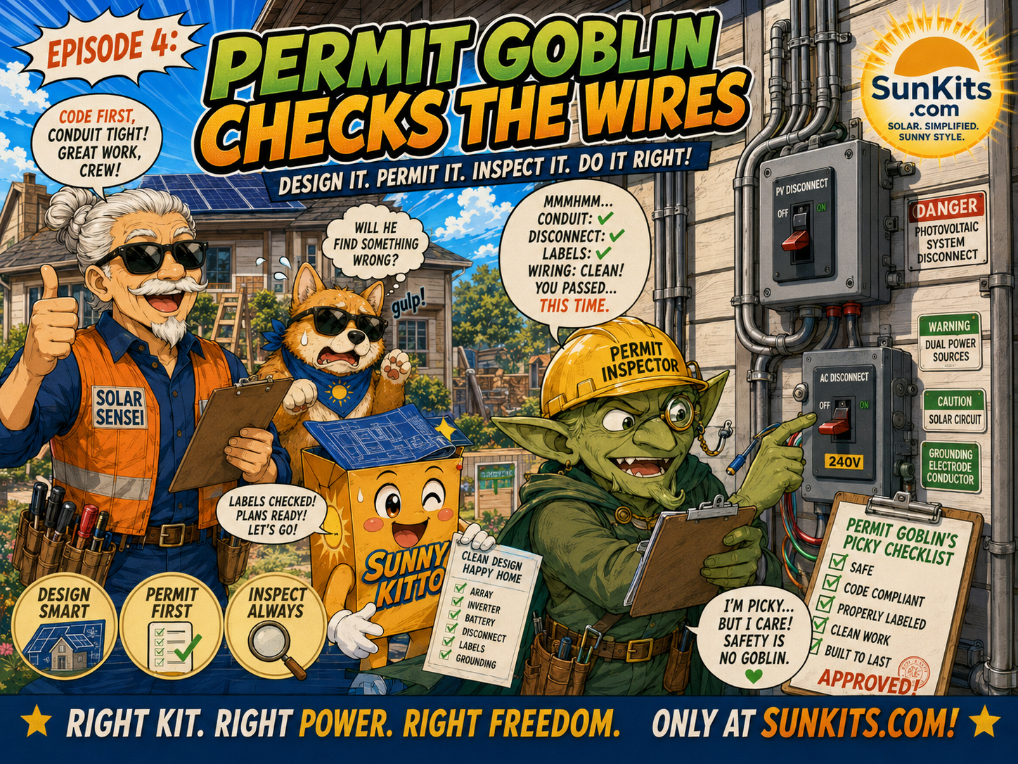 Permit Goblin checking solar wires, labels, disconnects, and drawings while Solar Sensei supervises