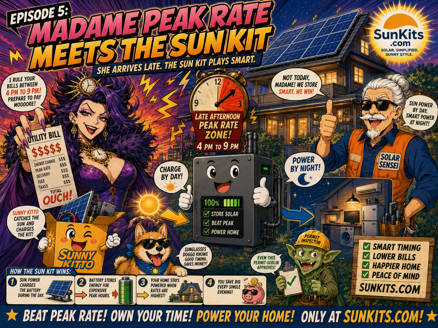 Madame Peak Rate arriving at 4 PM with a utility bill while Sunny Kitto, solar panels, and battery storage react