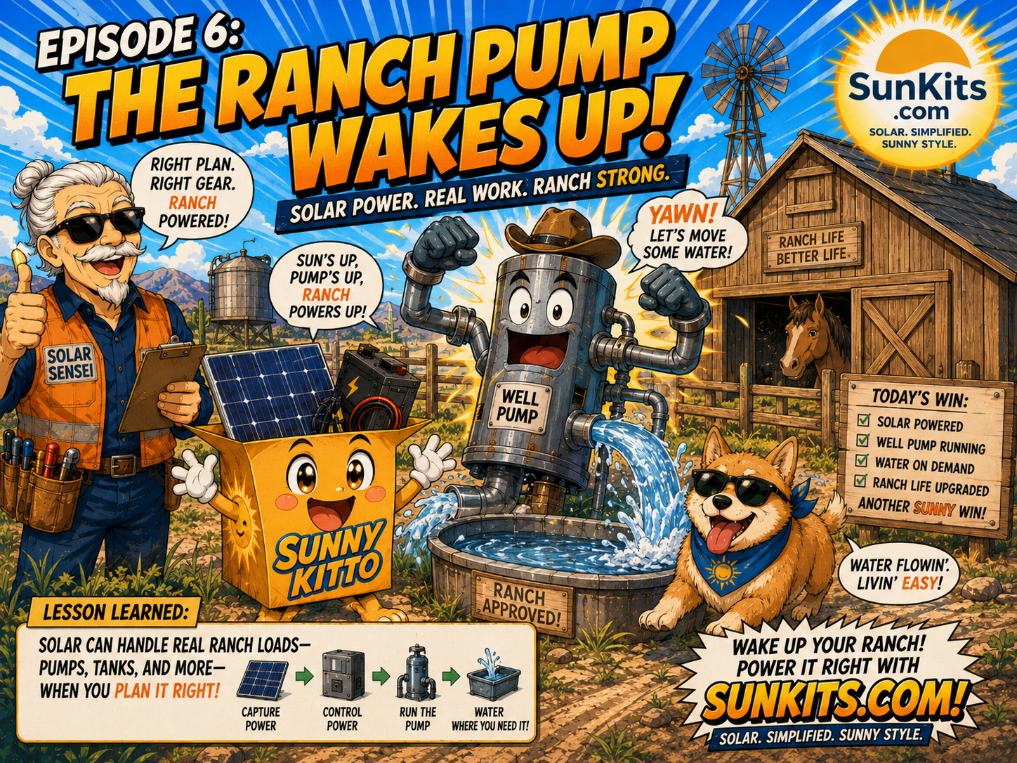Pump Samurai facing a Surge Dragon beside a ranch well pump, solar panels, battery, and water tank