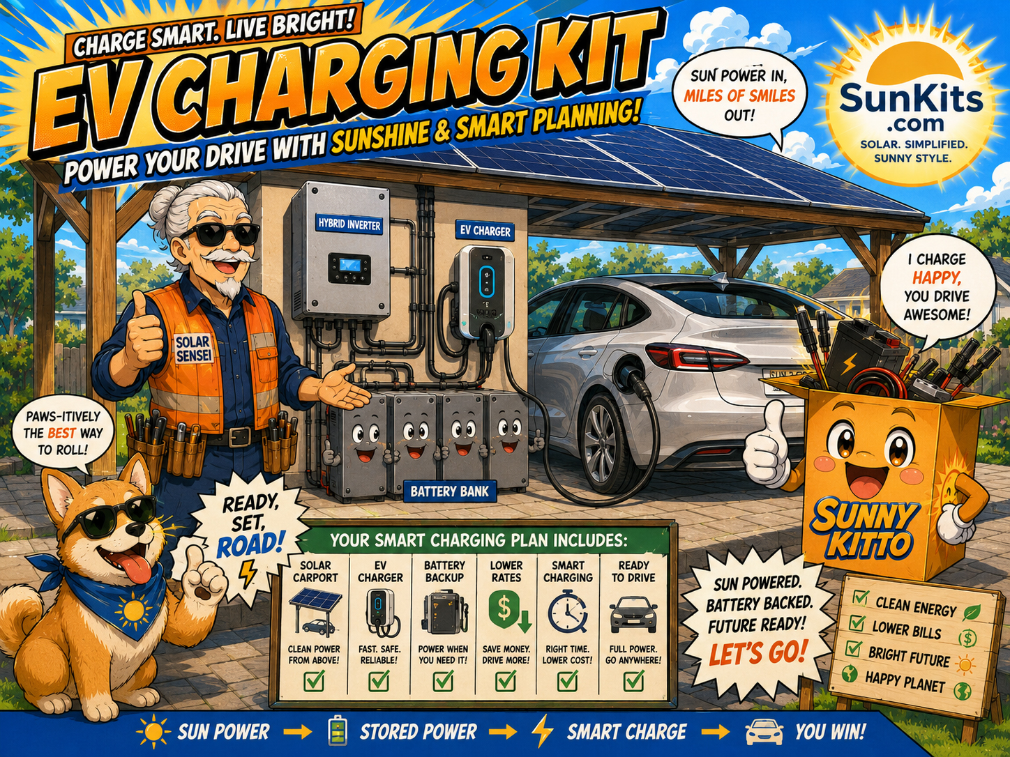 Solar EV charging kit concept with carport and battery
