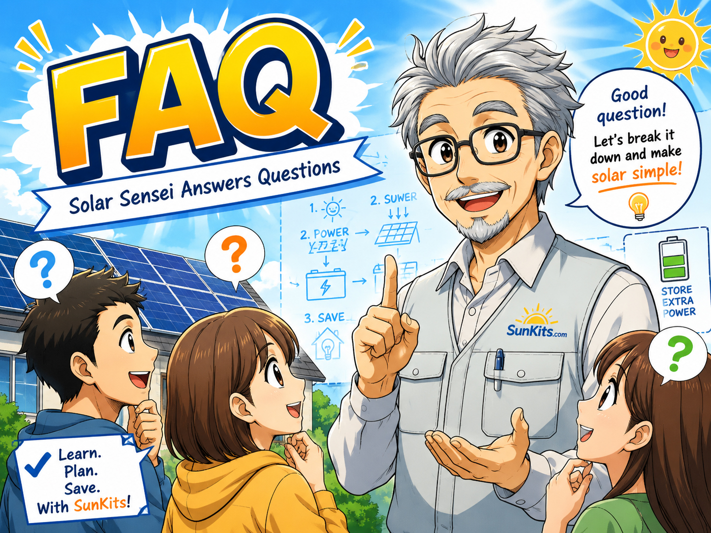 Solar Sensei answering solar kit questions beside Sunny Kitto, Load Monster, batteries, panels, and a permit clipboard