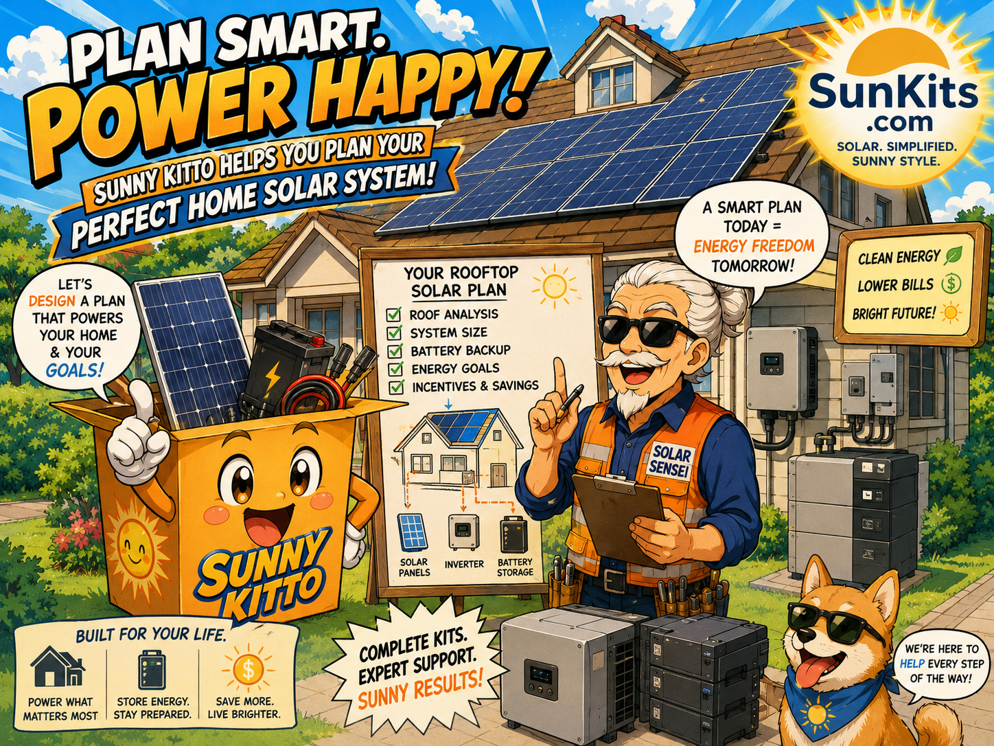Home rooftop solar kit planning with panels and electrical equipment