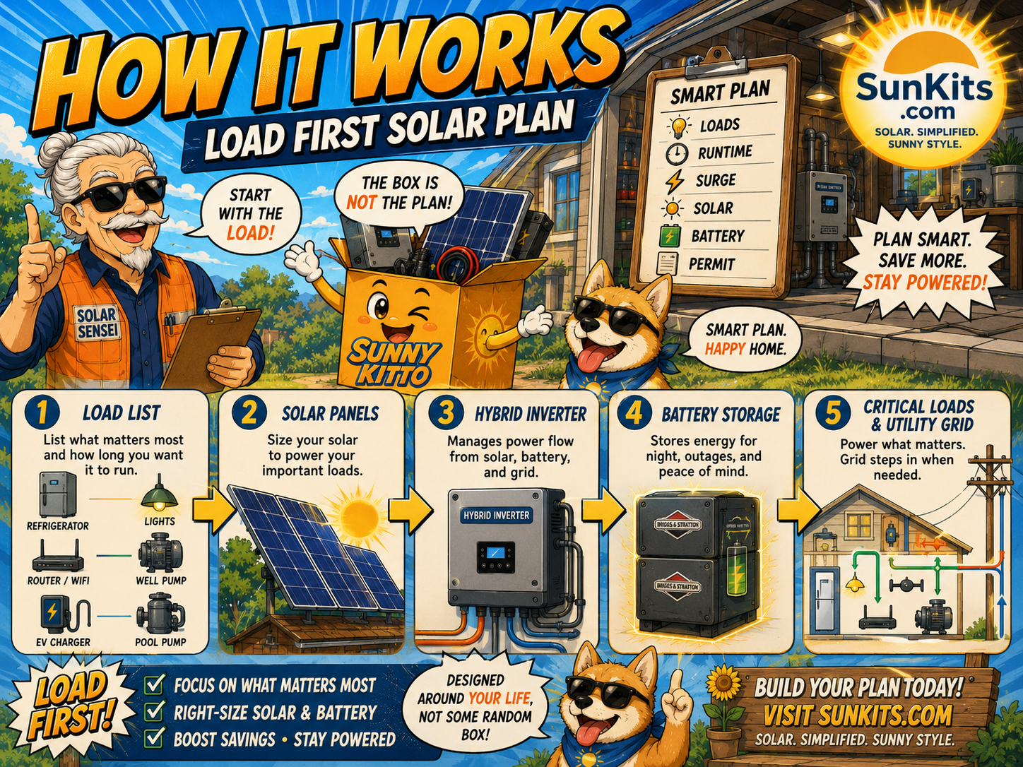 Solar kit planning flow from loads to panels, inverter, batteries, permits, and inspection