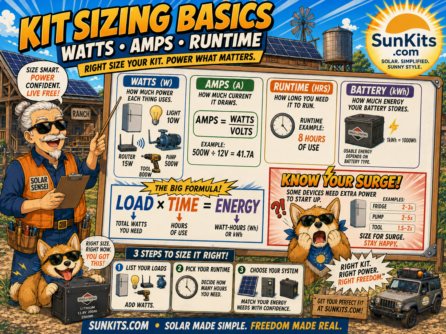 Solar kit sizing worksheet showing watts, amps, runtime, battery capacity, and solar panels