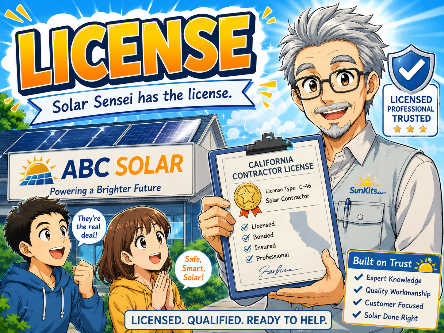 Solar Sensei holding a copyright clipboard beside Sunny Kitto, Permit Goblin, and ABC Solar logo