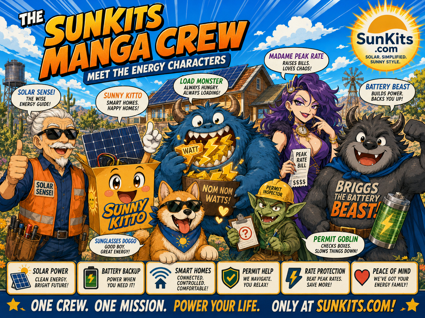 SunKits manga crew with Solar Sensei, Sunny Kitto, Load Monster, Permit Goblin, Madame Peak Rate, and Briggs the Battery Beast