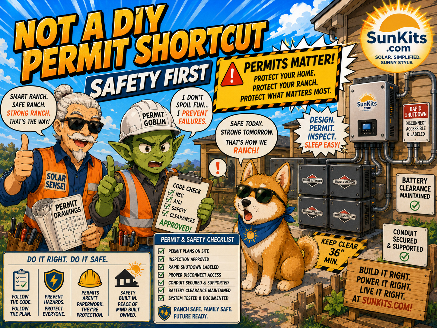 Manga safety scene with Permit Goblin stopping a homeowner from bypassing solar permits and inspections