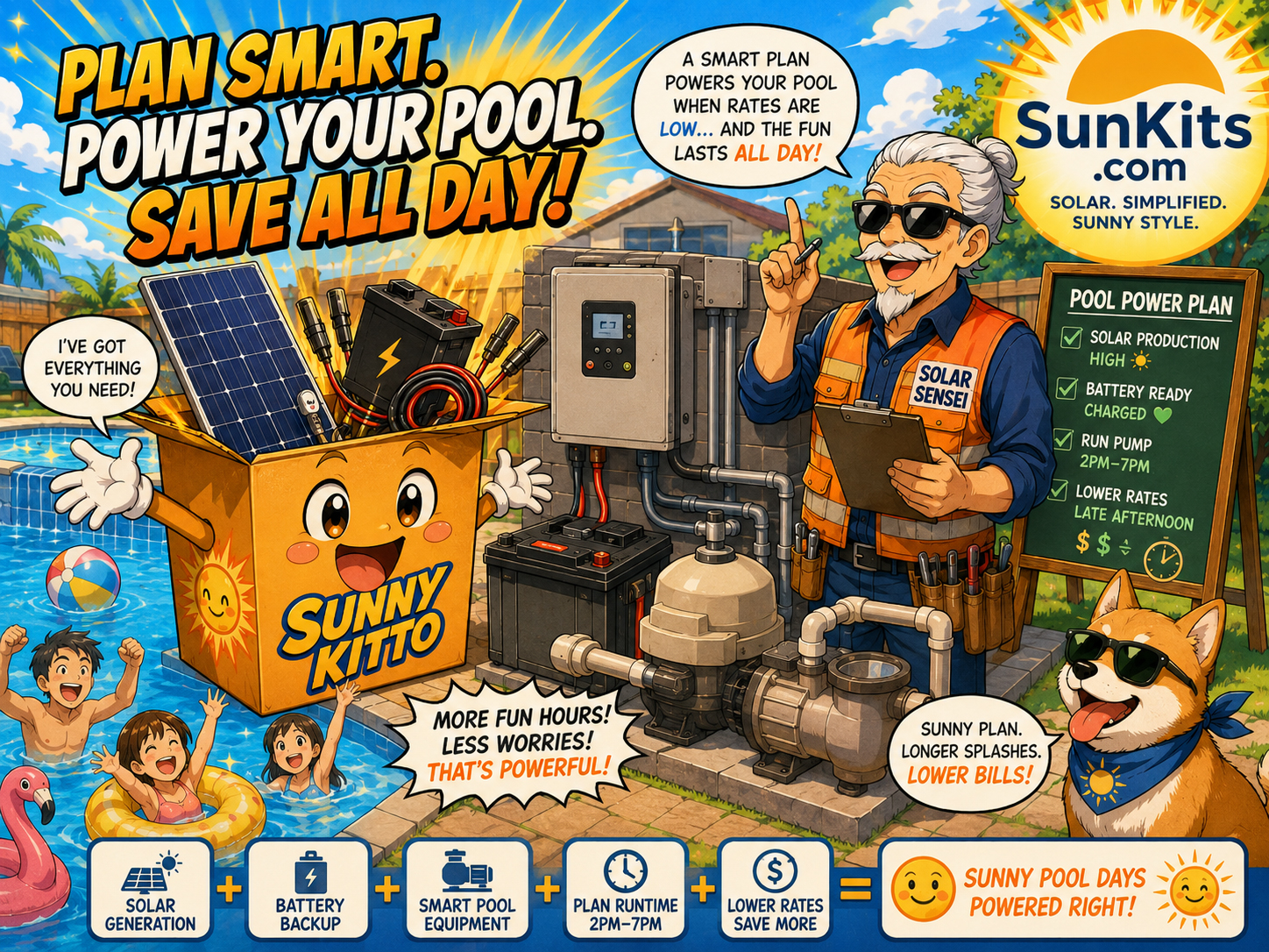 Pool equipment solar kit with pump, battery, and solar planning