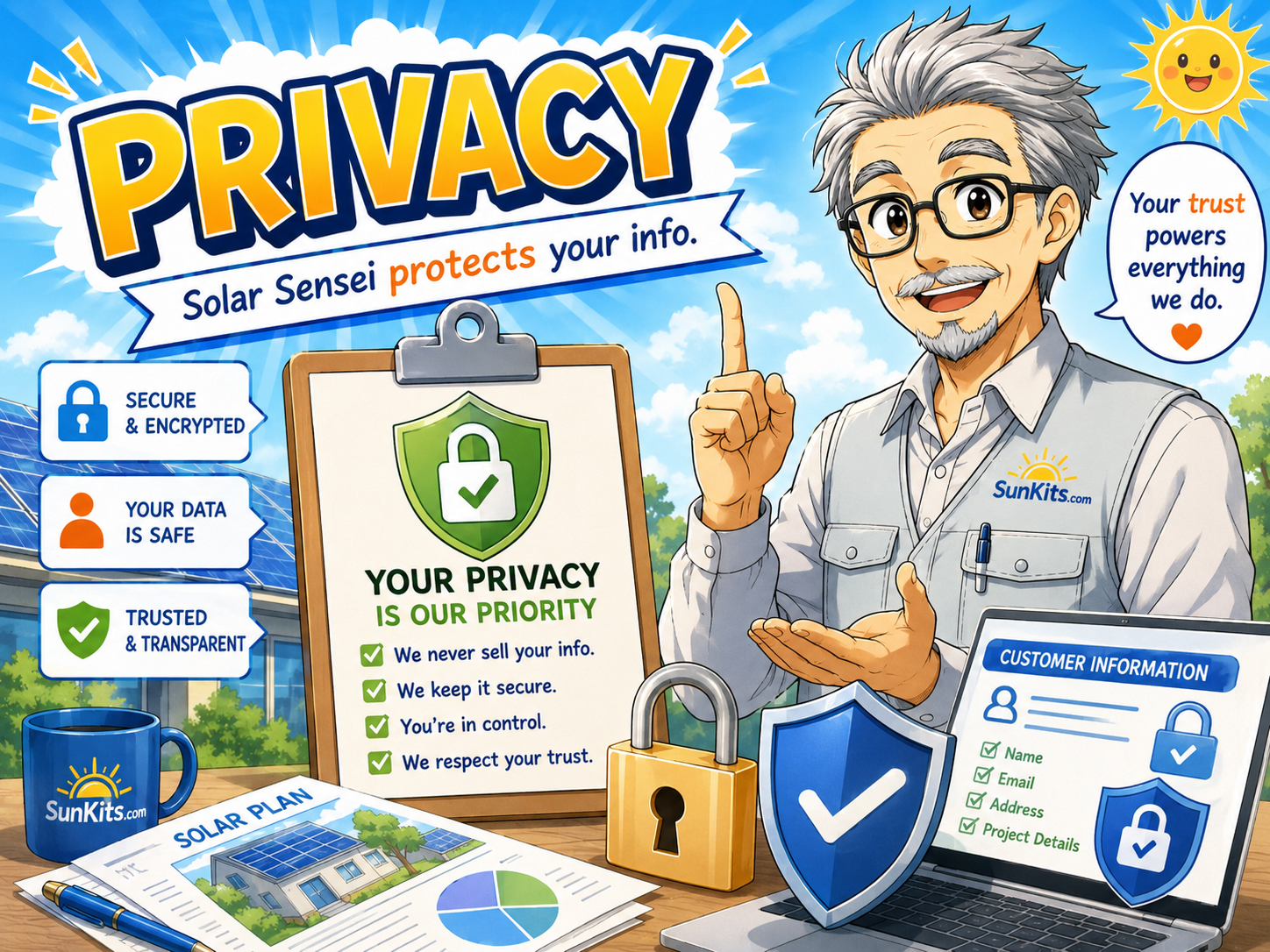 Solar Sensei holding a secure clipboard beside a solar kit planning desk and ABC Solar contact notes