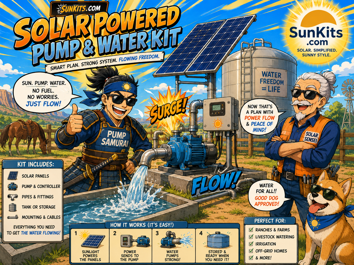 Solar powered pump and water kit for a property