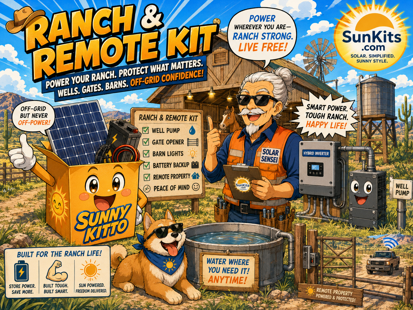 Remote ranch solar kit for well, gate, barn, and equipment loads