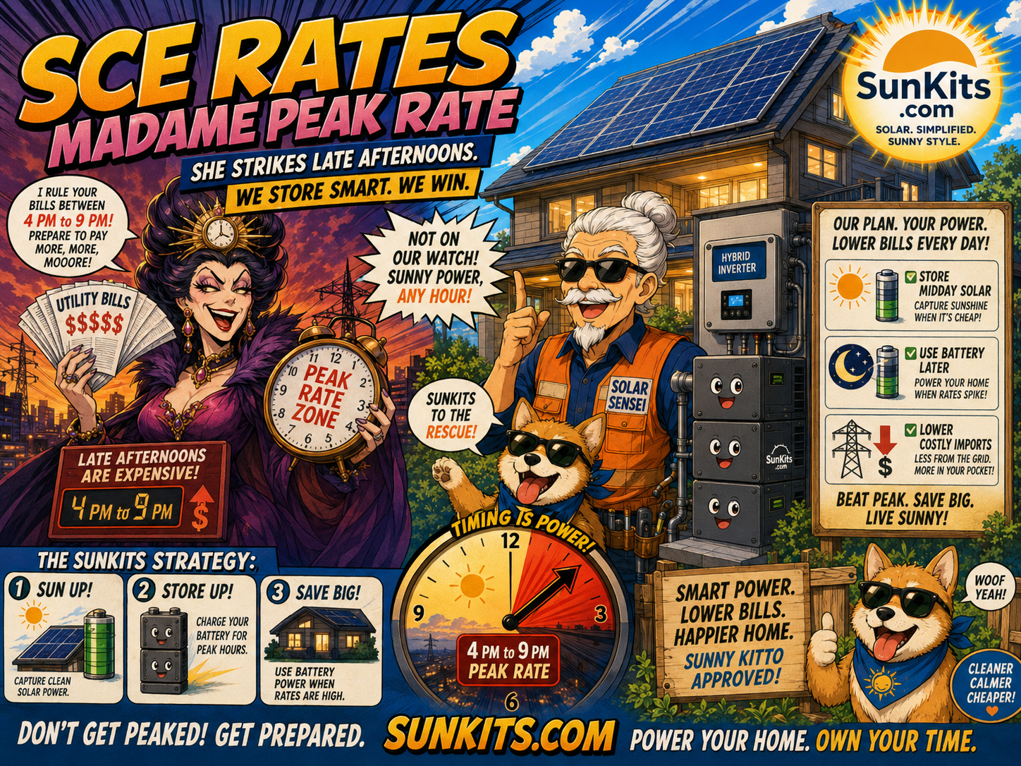 Madame Peak Rate manga character showing a high utility bill beside solar panels and battery storage