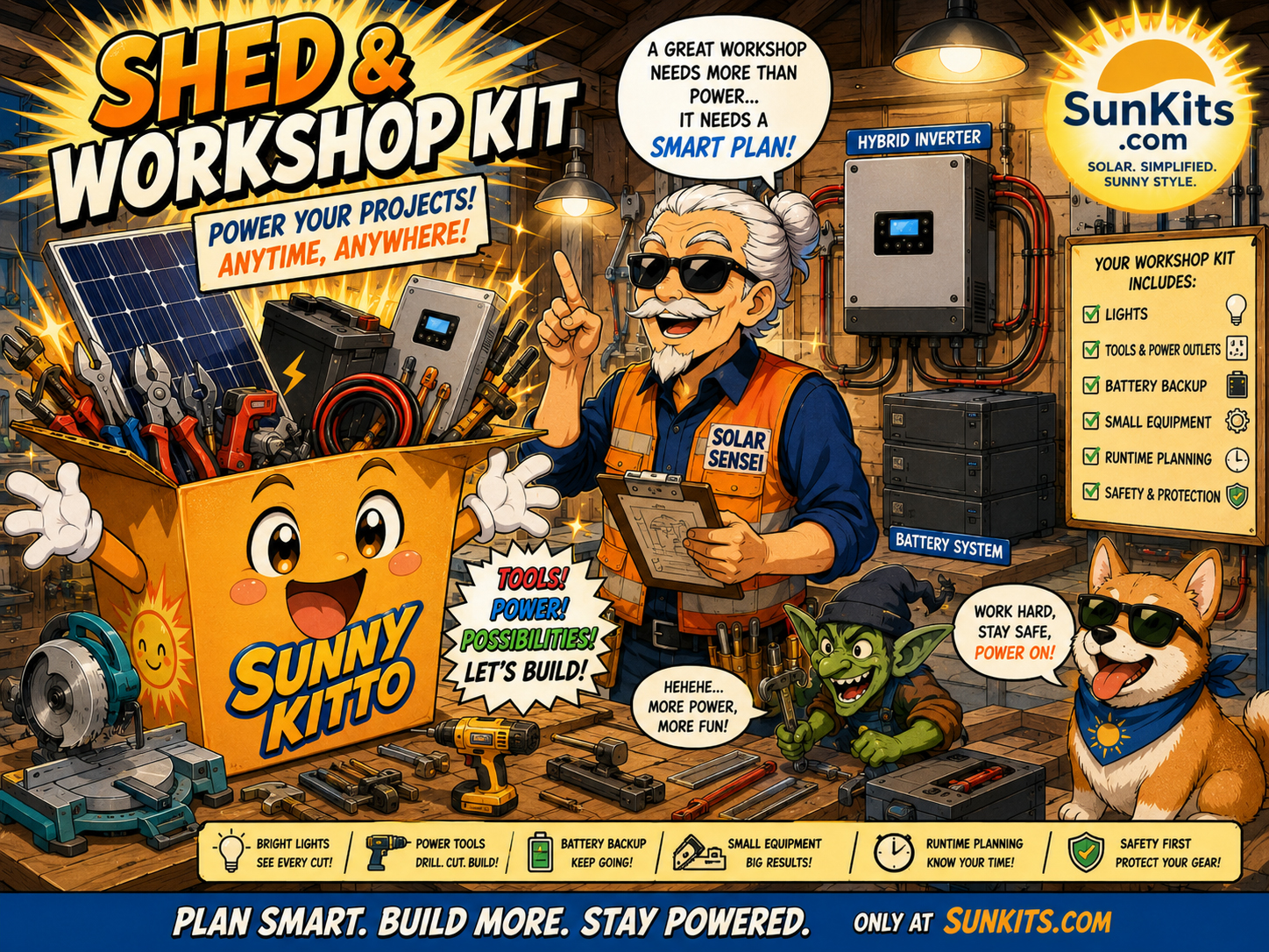 Solar shed and workshop kit with panels, battery, inverter, lights, and tools