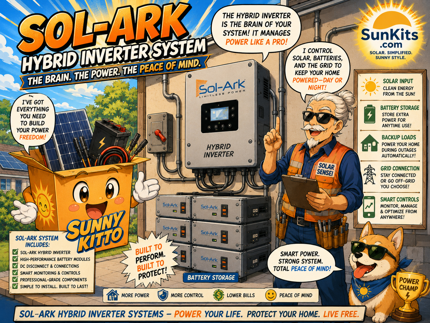 Sol-Ark hybrid inverter with battery system, solar panels, and critical load panel